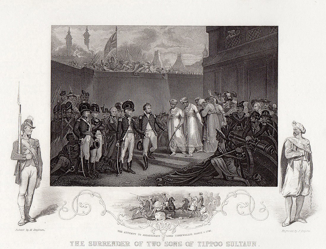 Henry Singelton 1855 Engraving Sons of Tippoo Sultaun Exiled signed framed: Henry Singleton (British, 1766-1839). The Surrender of two Sons of Tippoo Sultaun. Antique engraving on wove paper after the original by master engraver John Rogers (British, 1810s-1840s fl. c.). Year