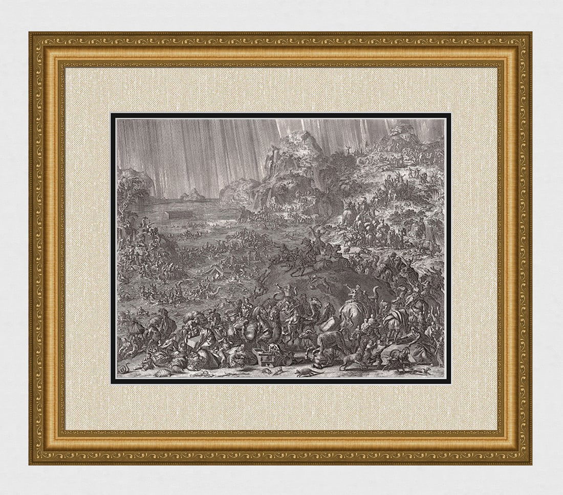 1747 Monumental Engraving Jan Luyken The Flood Framed: Jan Luyken (Dutch, 1649 - 1712). The Deluge. Antique engraving on laid paper. Year: 1747. Publisher: Frans Houtteyn. Reference: Hollstein / Dutch and Flemish etchings, engravings and woodcuts c.1450-1