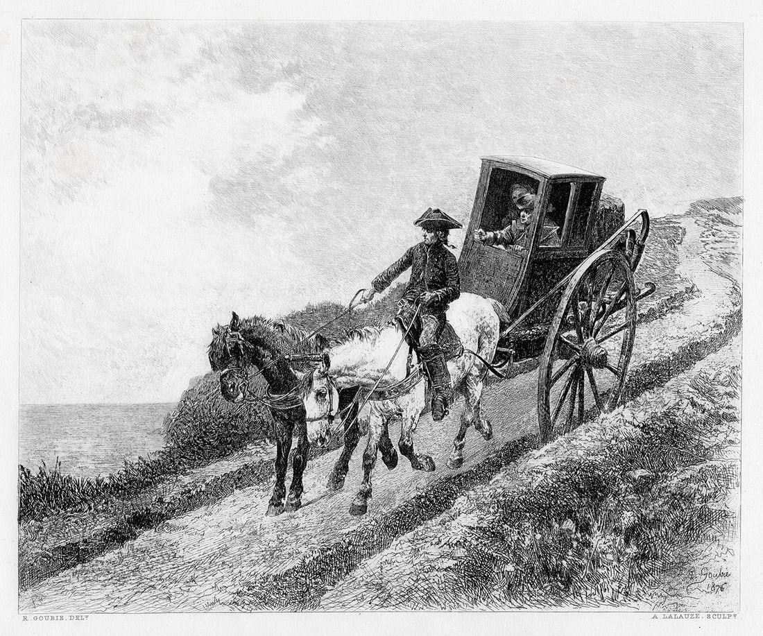 Jean Richard Goubie 1878 engraving The Postillion signed: Jean-Richard Goubie (French, 1842 - 1899). The Postillion. Antique steel engraving on wove paper after the original by master engraver Adolphe Lalauze (French, 1838 - 1906). 1878. Signed in the plate.