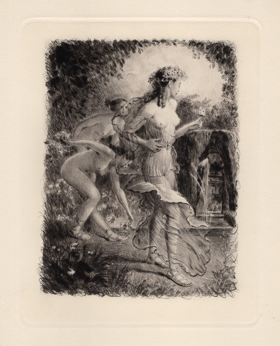 Psyche in Cupids Garden Original 1955 Paul-Emile Becat Limited Drypoint Framed: Paul-emile Becat (French, 1885 - 1960).Psyche and her Sisters in Cupids Garden.Original drypoint etching on wove paper.Year: 1955. Limited edition of 670. Publisher Les Heures Claires, Paris. Image Si
