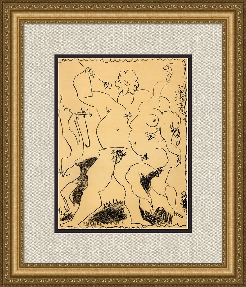 1956 Pablo Picasso Bacchanale II Lithograph Framed Mourlot: Pablo Picasso (Spanish,1881-1973). Bacchanale. Transfer Lithograph on wove paper. 1956. Limited to 3000 impressions Sauret. Atelier Mourlot. Image size 9 1/2 x 12 3/8 inches. Approximately 19 x 22 inc
