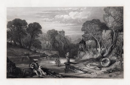 William Leighton Leitch 1800s Engraving The garden of Bradwardine FRAMED Signed