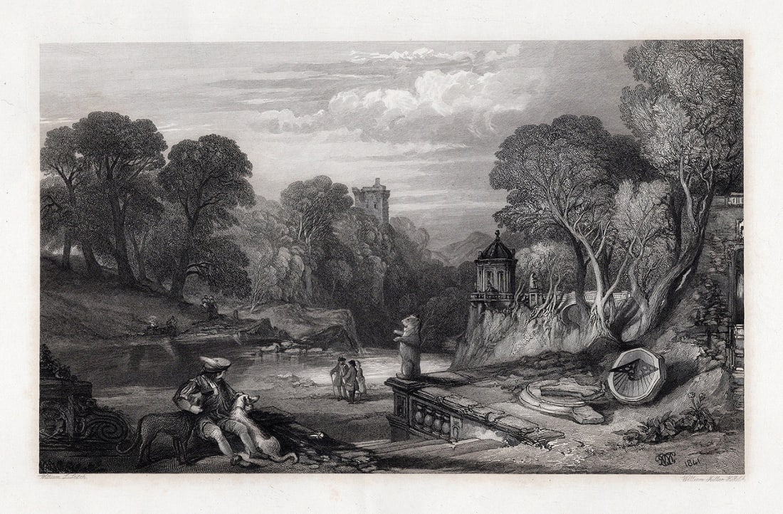 William Leighton Leitch 1800s Engraving The garden of Bradwardine FRAMED Signed: William Leighton Leitch (Scottish, 1804-1883). Tully Veola. Antique engraving on wove paper after the original by master engraver William Miller (Scottish, 1794-1836). Year: 1865. Image Size 6 3/8 x10