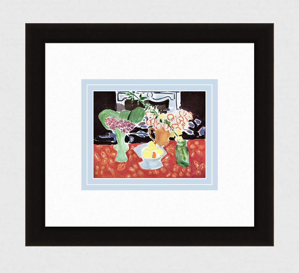 Henri Matisse 1945 print Red Still Life With Christmas Roses And Saxifrages (Nature Morte Rouge Aux: Henri Matisse. (1869-1954). Red Still Life With Christmas Roses And Saxifrages (Nature Morte Rouge Aux Roses De Noël Et Aux Saxifrages). Color heliogravure after the original 1944 oil on canvas. 1945