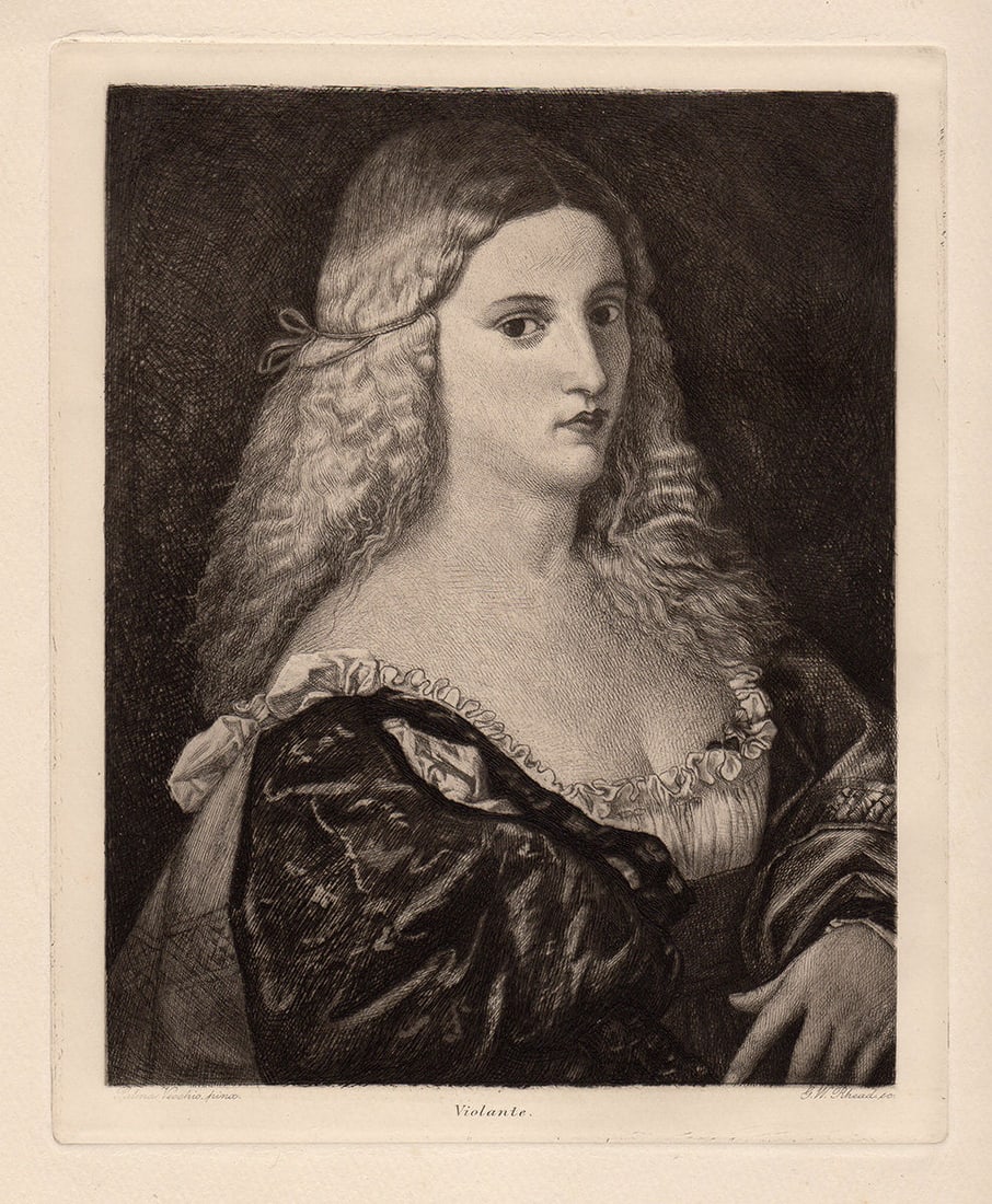 Palma Vecchio Violante 1892 etching: Palma Vecchio. (born Jacopo Palma and also known as Jacopo Negretti) (c. 1480 - July 1528). Violante. Antique hand pulled copper plate etching on thick laid paper after the original by a master engrav