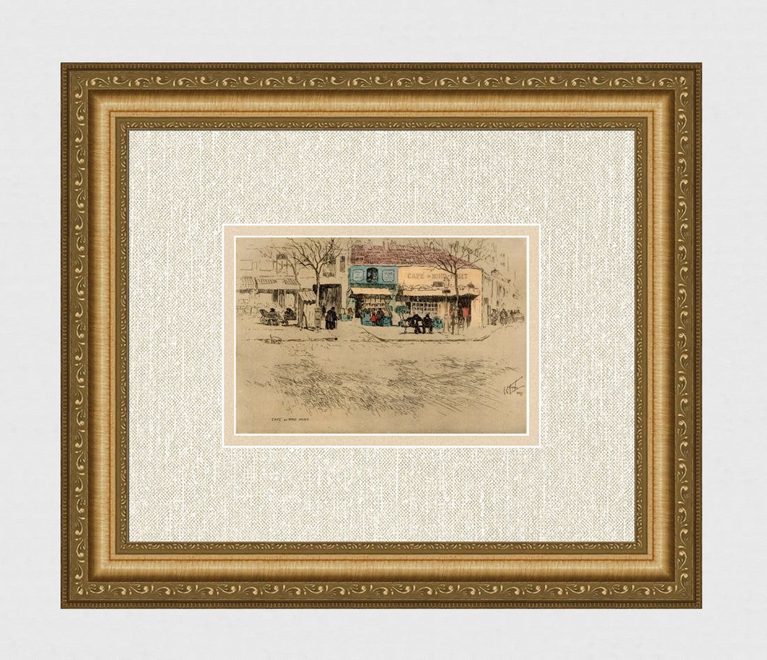 LESTER HORNBY Antique Color Print Cafe Du Rond Point, Geneva SIGNED: Lester George Hornby (American, 1882 - 1956). Café Du Rond Point. Antique color print on wove paper after the original color etching.Year: 1909. Signed in the plate, bottom right. Image Size 5 1/4 x