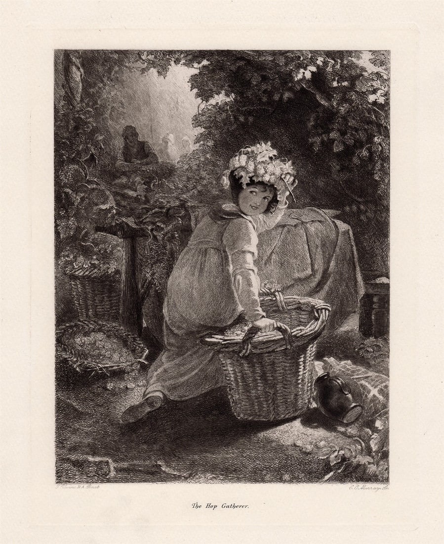 Thomas Uwins 1891 etching The Hop-Gatherer signed: Thomas Uwins. ( English, 1782-1857). The Hop-Gatherer. Antique etching on thick wove paper after the original watercolor by master etcher Charles Oliver Murray (Scottish, 1842-1923). 1891. Signed in t