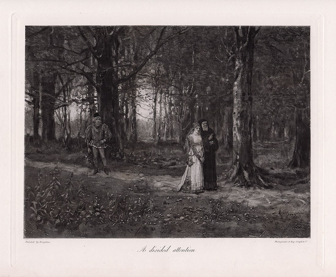 George Henry Boughton A Divided Attention 1877 Print Framed: George Henry Boughton. (Anglo-American, 1833-1905). A Divided Attention. Antique Heliogravure on wove paper after the original by a Master Etcher. 1877. Excellent. Image Size 7 x 9 3/8 inches. Framed