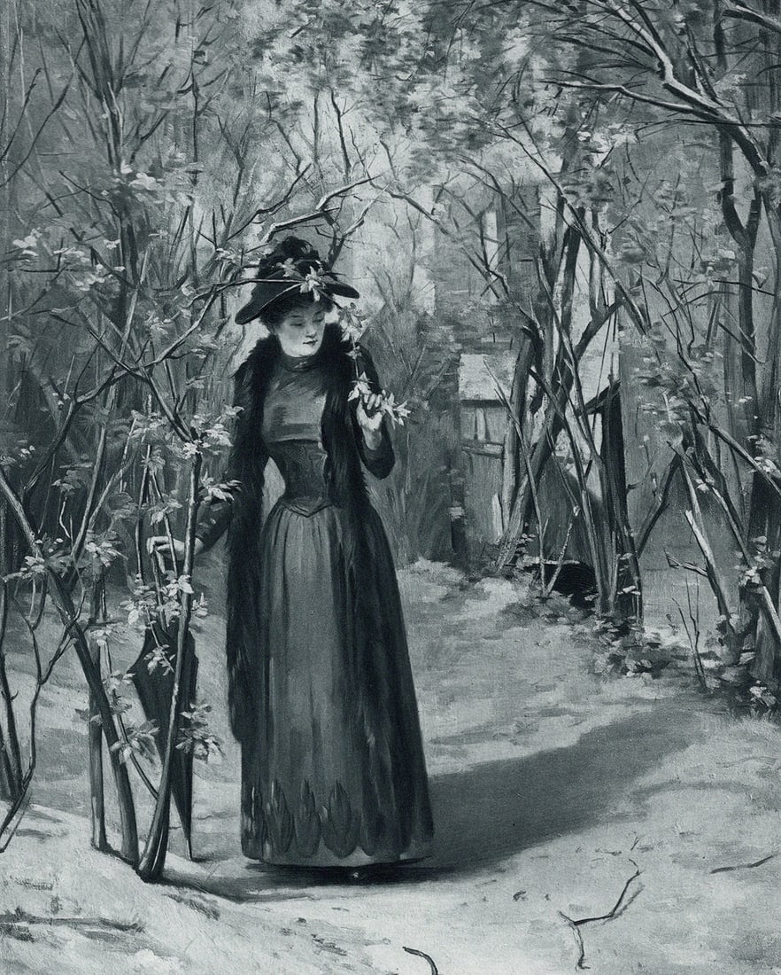 1800s Fleury-Richard Antique Print Picking Spring Flowers Framed Signed (1 of 2)