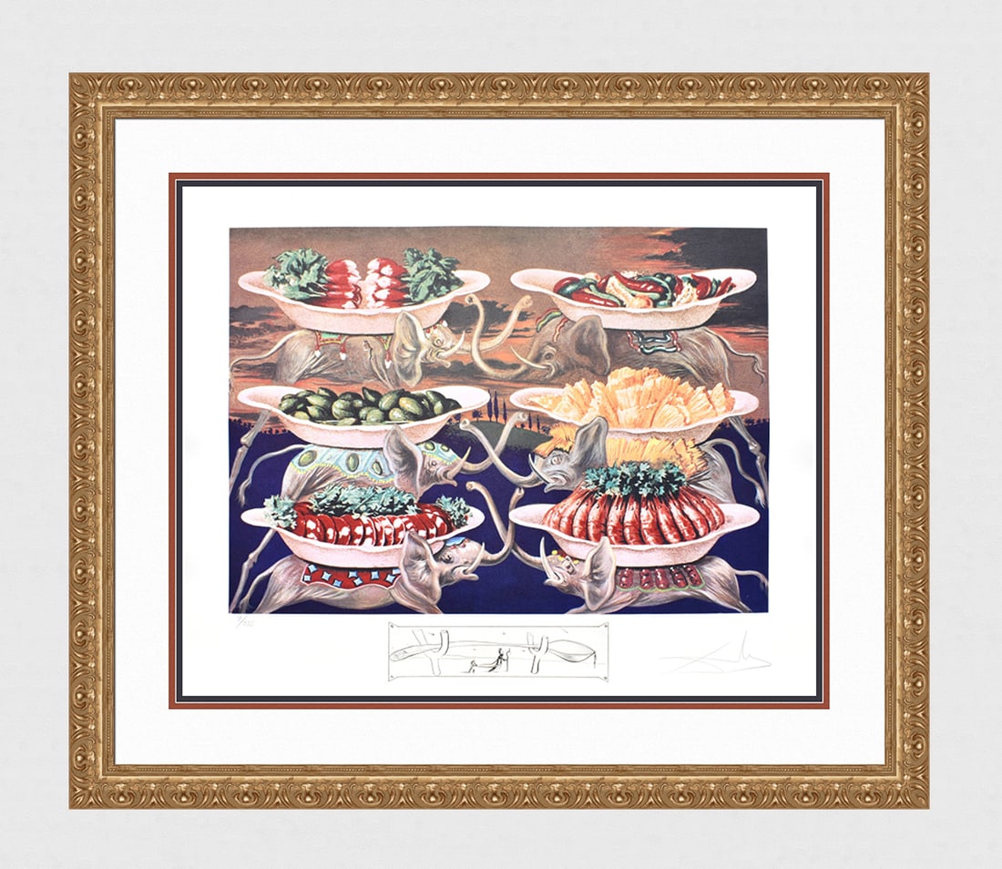 Salvador Dali Lithograph Diners of Gala Signed Numbered Limited Framed: Salvador Dali. Les Delices Petits Martyrs (Little Martyr Delights)(From Les Diners de Gala). Offset Lithograph in colors with Original Etched Remarque (Spoon on Crutches) lower center, on watermarked