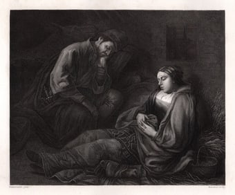 1800s Ferdinand Bol Engraving Weary Travellers Signed Framed