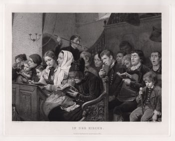 Benjamin Vautier In der Kirche (In the Church) 1887 Engraving Signed