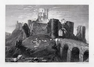 1800s William Turner Engraving Corfe Castle, Dorsetshire Framed Signed COA