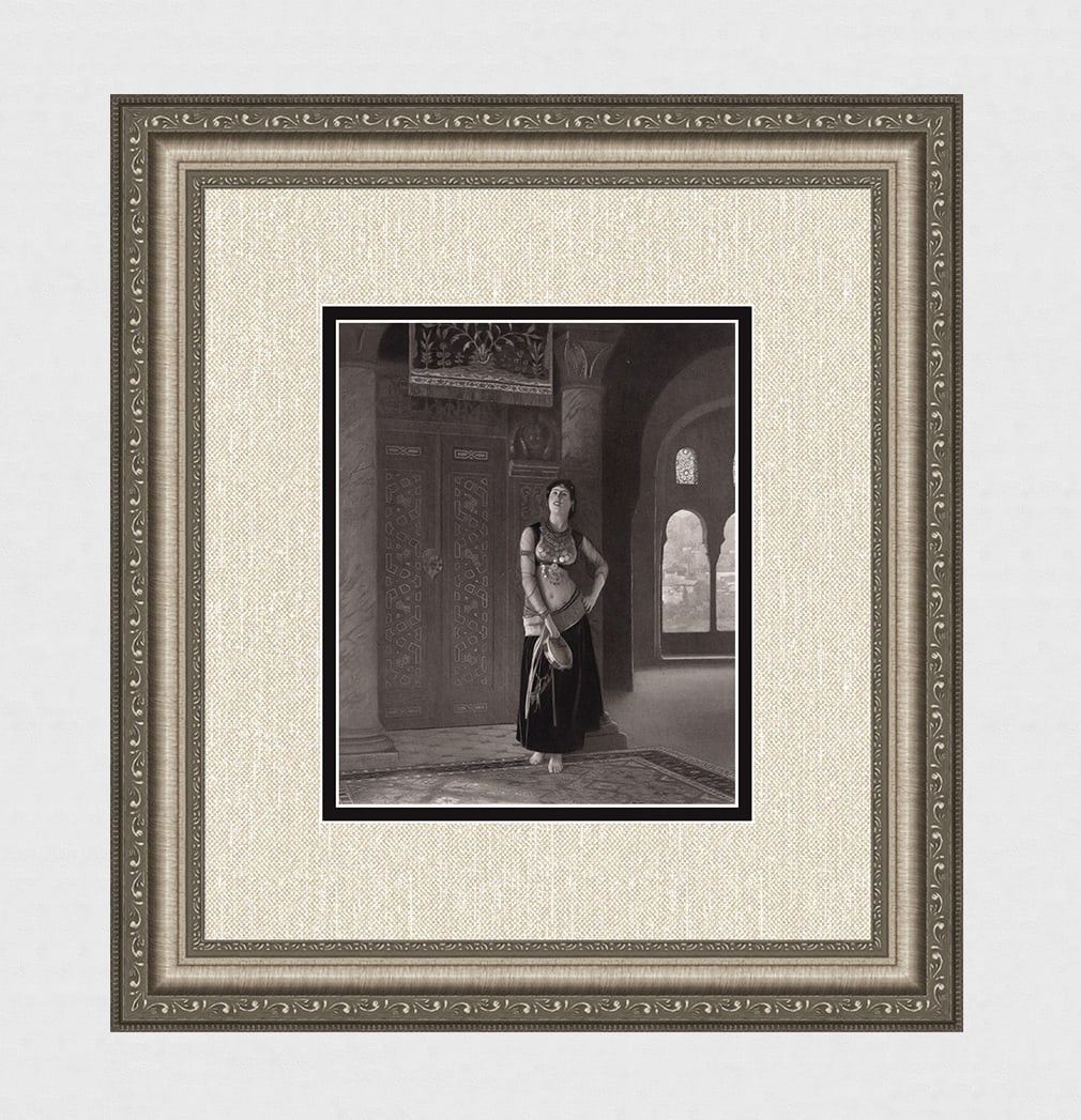 Jean-Leon Gerome 1800s Antique Print Woman with Tambourine Framed: Jean-Leon Gerome (French, 1824 - 1904). Dancer with Tambourine. Antique heliogravure on heavy wove paper after the original. Year: c. 1880. Image Size 7 5/8 x 9 1/4 inches. Framed dimensions: Approxim