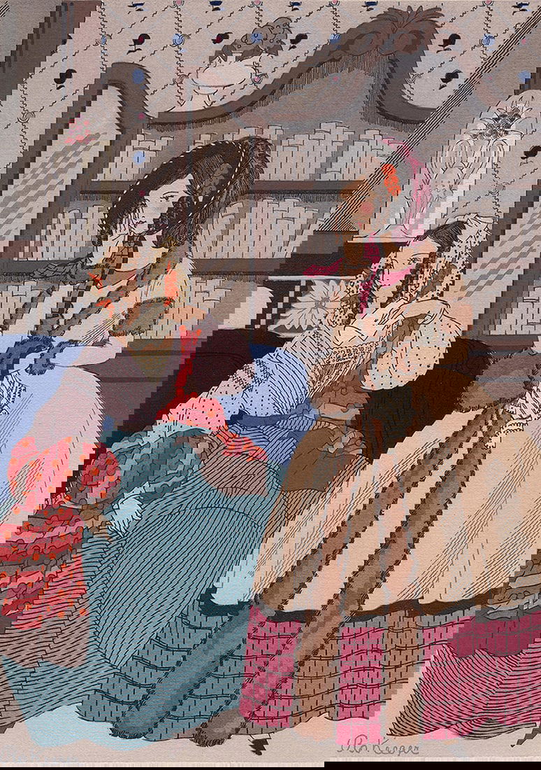 FRAMED Ro Keezer Vintage Color Pochoir The Mystery Letter SIGNED: Rosa Sara (Ro) Keezer (Dutch, 1905 - 2003). Devinez qui m'ecrit? (Guess who is writing to me?). Vintage color Pochoir on wove paper. Year: 1930. Signed in the plate, lower left. Image Size 7 1/8 x 10