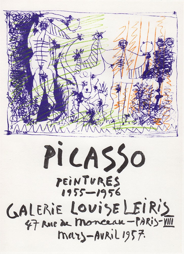 Pablo Picasso Peintures 1955-1956 lithograph signed: Pablo Picasso. (1881-1973). Peintures 1955-1956. Color Lithograph after the Original Poster. 1959. Signed in the plate. Excellent. Sauret. Atelier Mourlot. Image Size 7 x 9 5/8 inches. Approximately