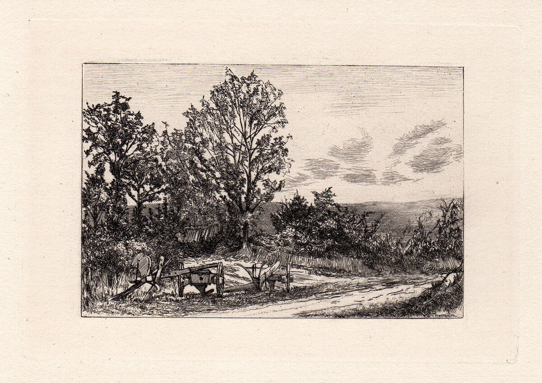 FRAMED 1800s Original P. G. HAMERTON Etching "Cottages in a Valley" SIGNED: Philip Gilbert Hamerton. (English, 1834-1894). Cottage in a Valley. Etching on thick laid paper. Signed in the plate lower right. Excellent Date: 1873. Image 3 x 4 1/2 inches. Framed dimensions: Appro