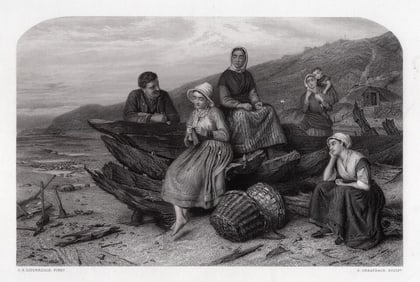 1800s Charles S LIDDERDALE SIGNED Engraving The Fishermen's Wives FRAMED