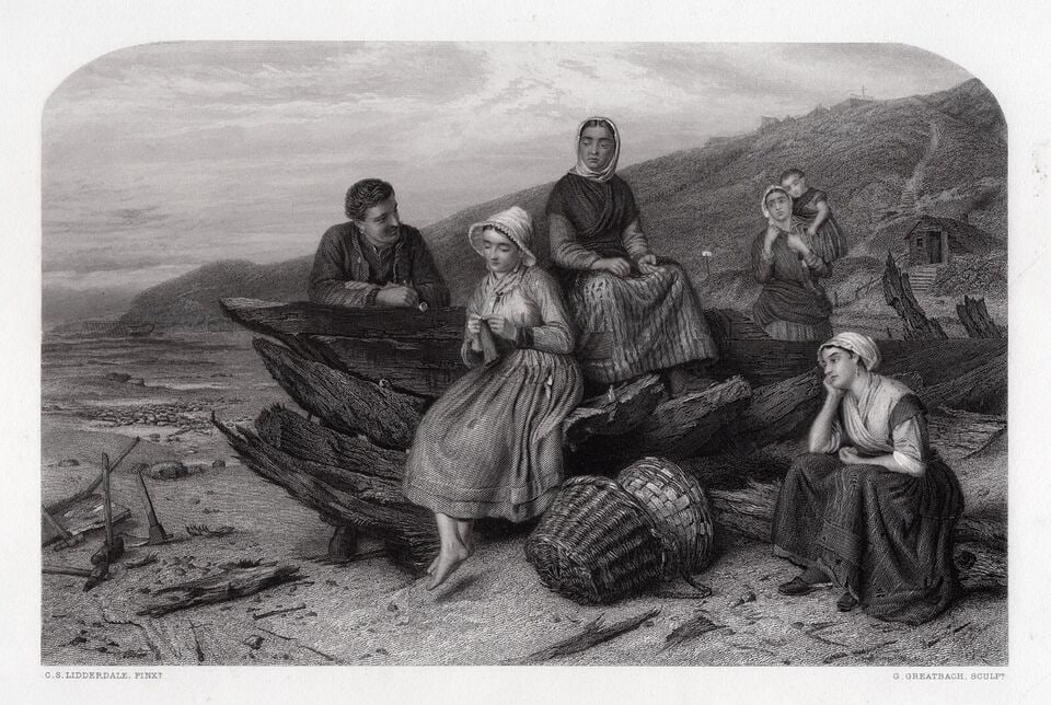 1800s Charles S LIDDERDALE SIGNED Engraving The Fishermen's Wives FRAMED (1 of 3)