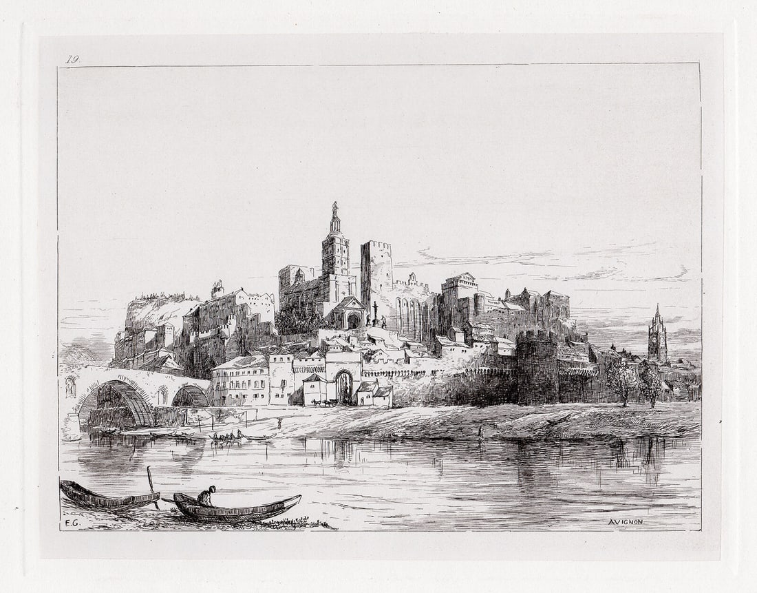 1875 Sir Ernest George Avignon View from the River etching signed Framed (1 of 2)