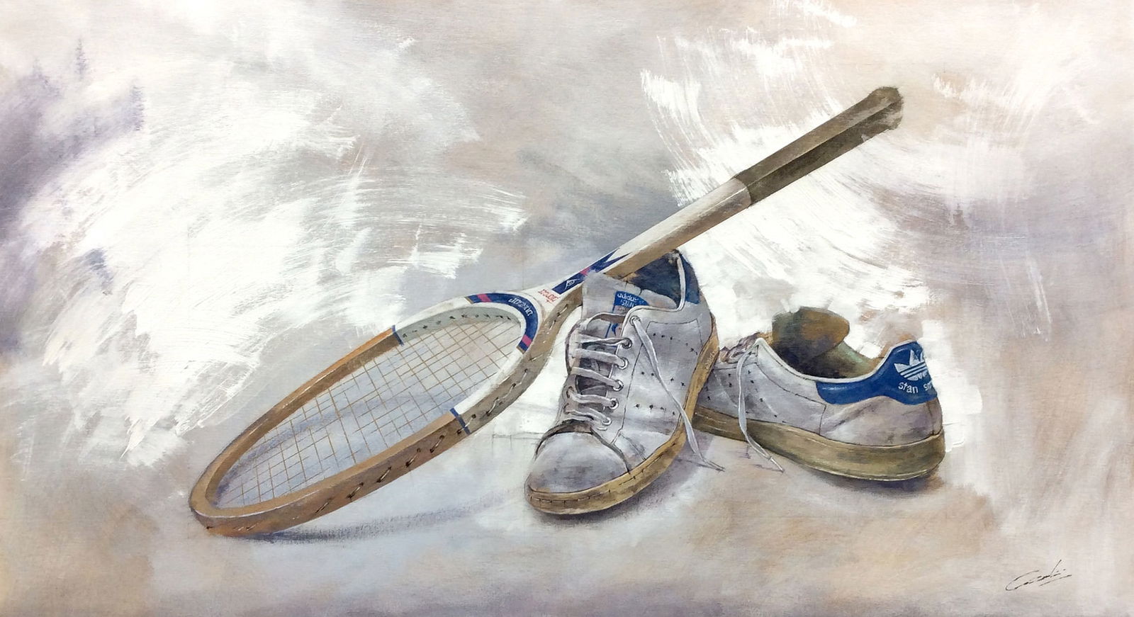 Jose Cascales Original Painting Tennis Shoes I 43 x 23 Inches: Jose Vicente Cascales Mascarell (b. 1976, Spain). Tennis Shoes I. Original oil painting on canvas. Signed by the Artist. Canvas Size 43 x 23 inches. "After graduating in Fine Arts in 1999, my first in