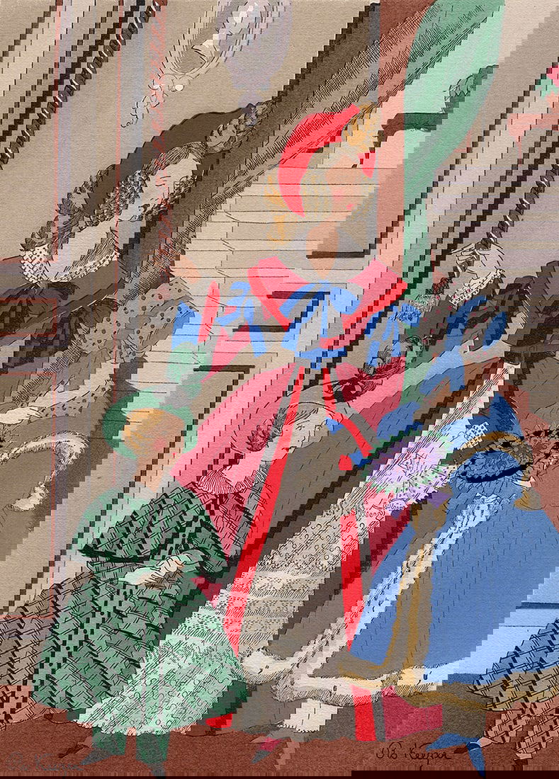 RO KEEZER SIGNED French Color Pochoir Mother & Children FRAMED: Rosa Sara (Ro) Keezer (Dutch, 1905 - 2003). La Visite (The Visit). Vintage color pochoir on wove paper. Year: 1930. Signed in the plate, lower left. Image Size 7 1/4 x 10 1/8 inches. Framed Dimensions