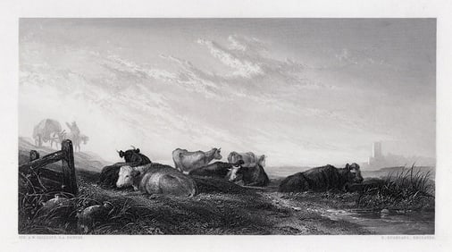 1800s Augustus Wall CALLCOTT SIGNED Engraving Cattle in the Grassland FRAMED