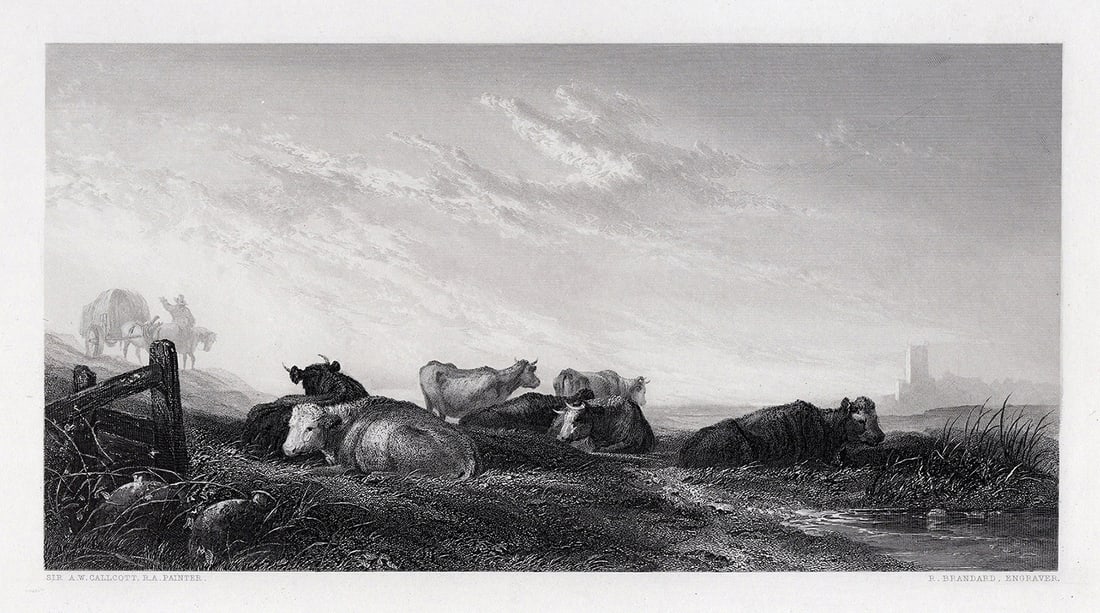 1800s Augustus Wall CALLCOTT SIGNED Engraving Cattle in the Grassland FRAMED (1 of 3)