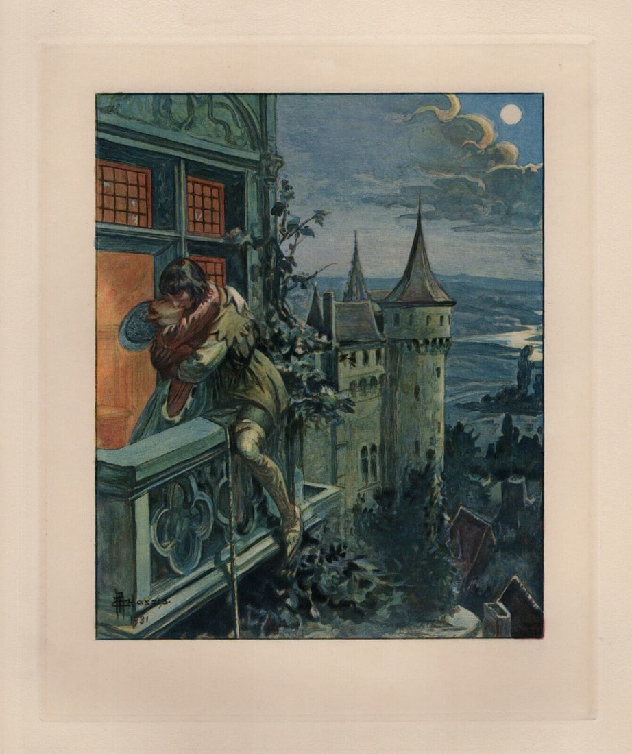 Framed Edmond MALASSIS Limited Engraving THE KISS OF LOVERS Signed: Edmond Malassis (French, 1874 - 1944). The Love Story (L'histoire d'amour I) (Cent Nouvelles Nouvelles). Vintage color engraving on Velin paper after the original by master engraver R. Lorrain. Year: