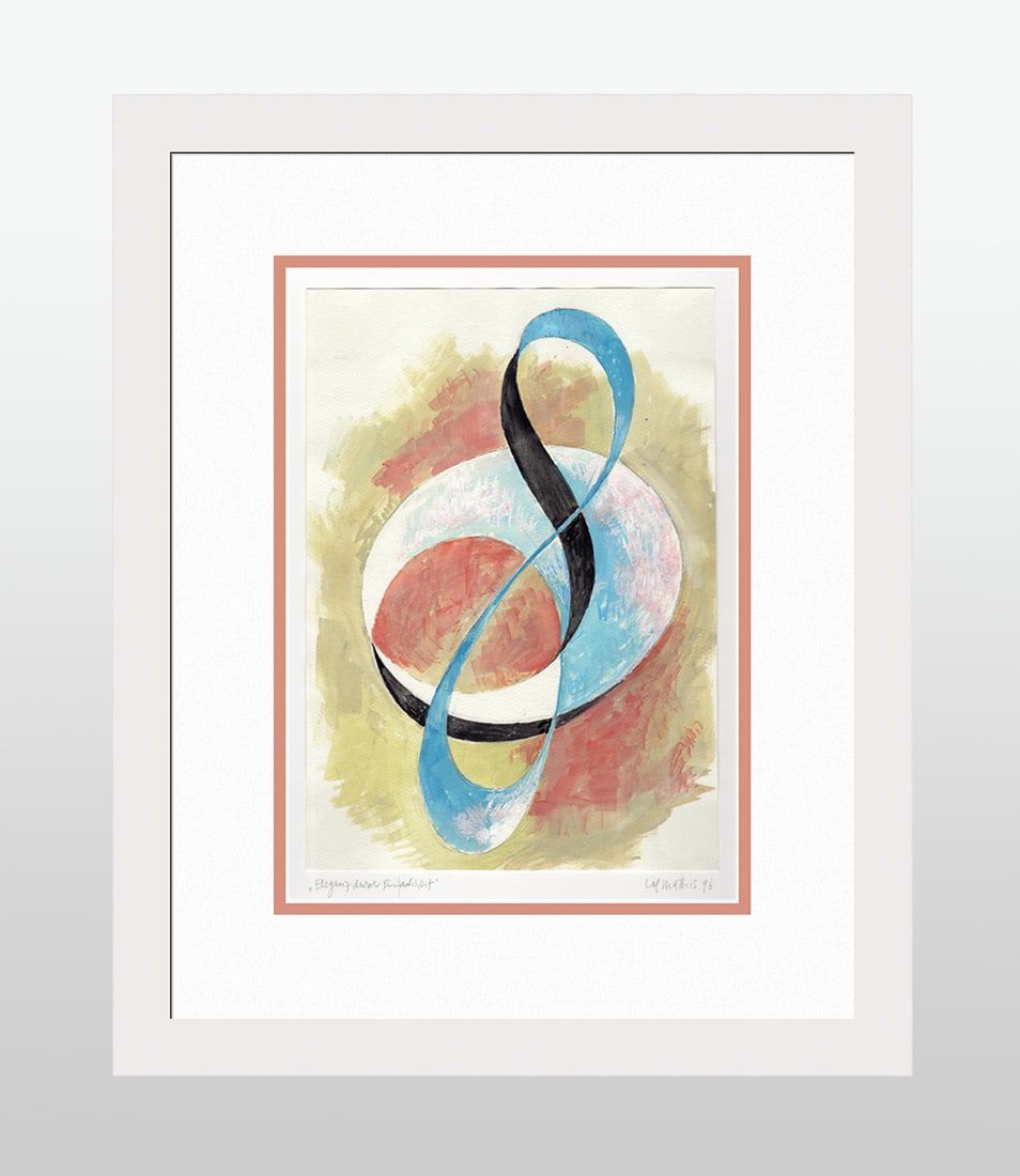 Mathis Original Gouache Musical Recollections Framed Abstract Swiss Signed: Josef Johann Mathis (Joe Mathis, 1913 - 2002; Swiss). Elegance through Simplicity (Eleganz durch Einfachheit. Original Mixed Media Gouache on paper. Year: 1996. Hand signed and dated in pencil, lower
