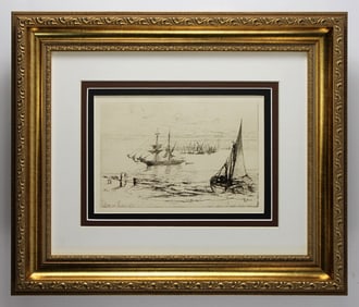1876 Sir Francis Seymour Haden At Purfleet Brig Boats in the Harbor Etching Signed