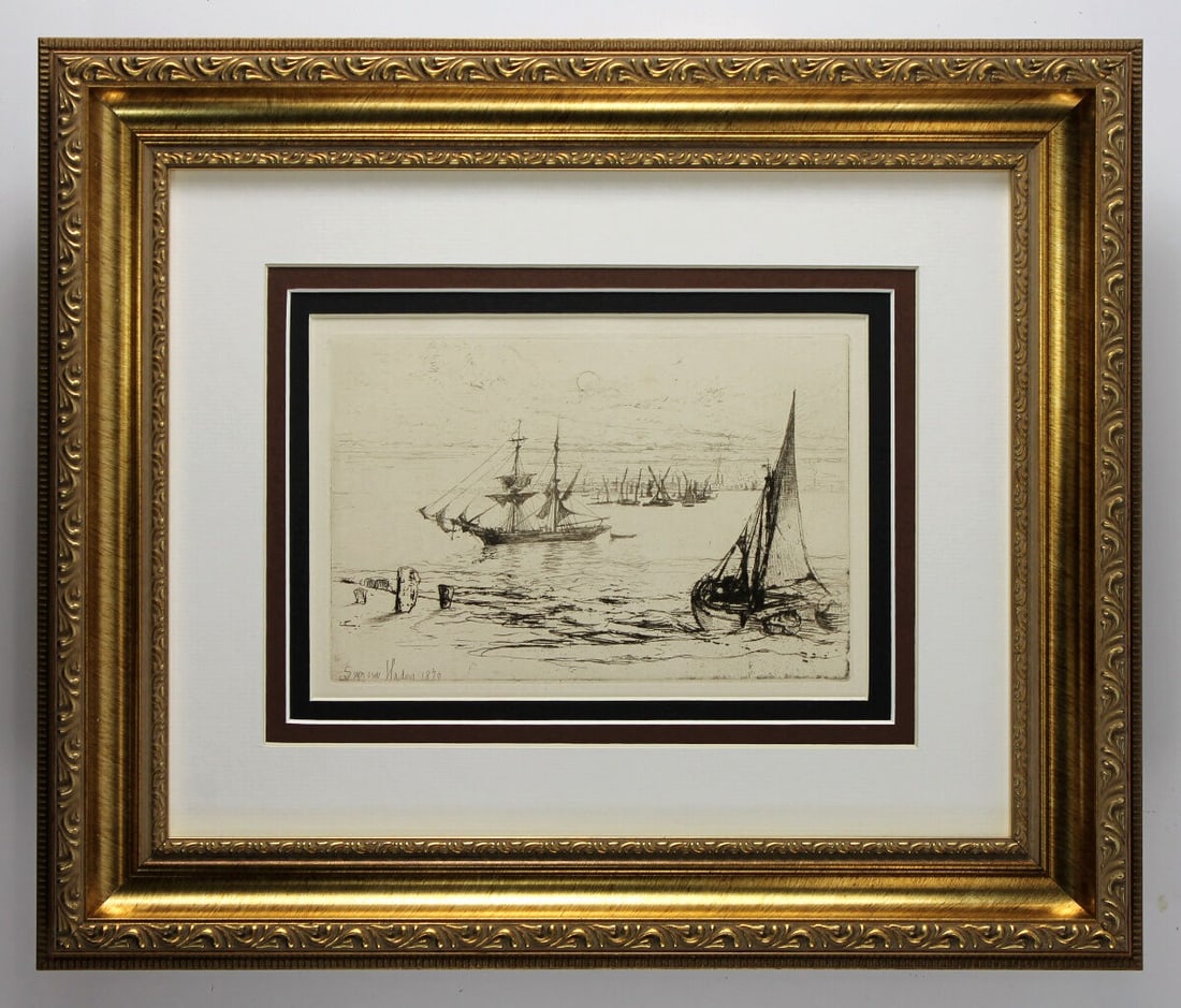 1876 Sir Francis Seymour Haden At Purfleet Brig Boats in the Harbor Etching Signed (1 of 4)
