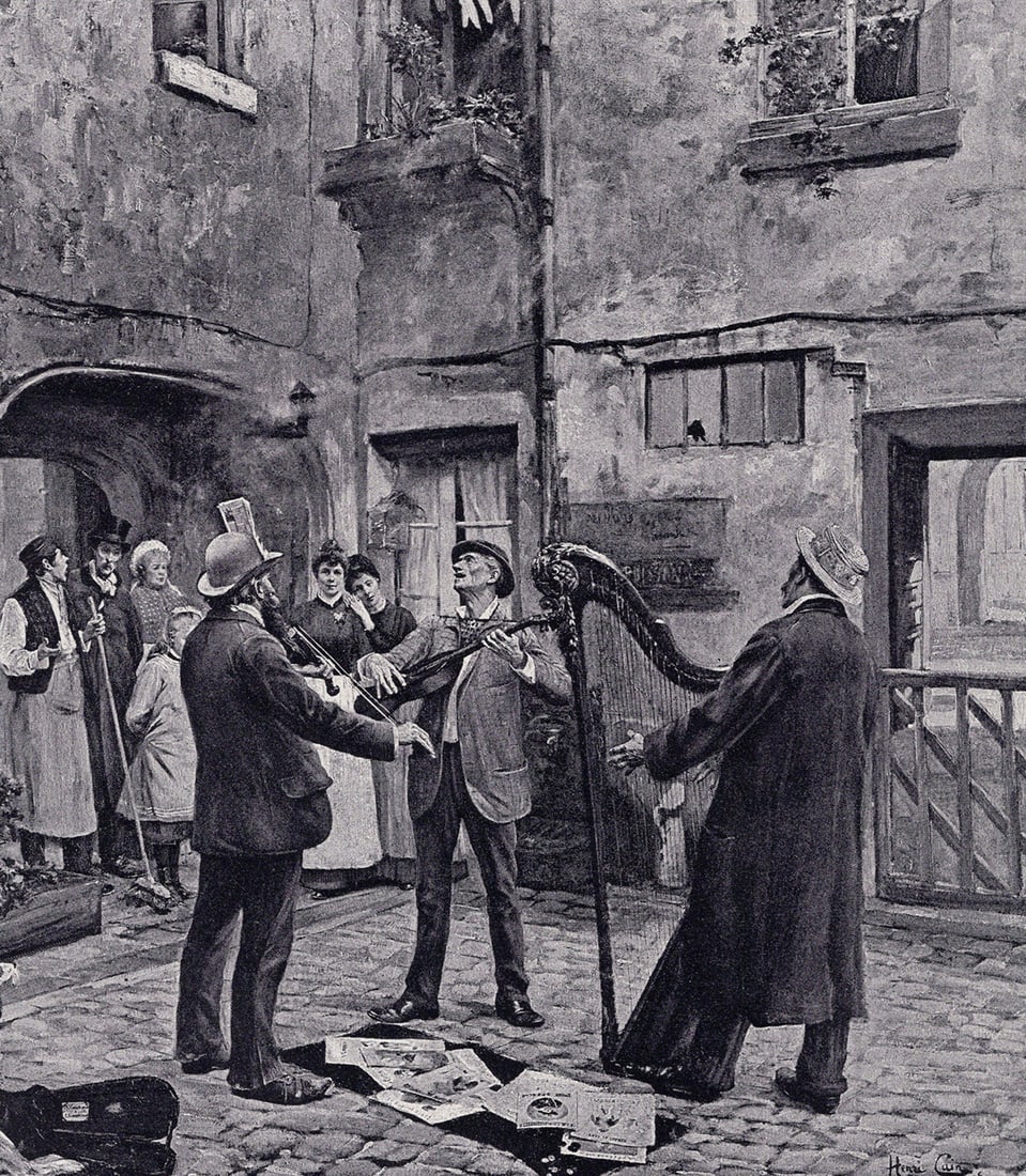 Henri Cain 1800s Antique Print Three Street Musicians SIGNED Framed: Henri Cain (French, 1857-1937). Strolling Musicians . Antique print after the original. Year: c. 1890. Signed in plate, lower right. Image size 7 7/8 x 10 3/4 inches. Framed dimensions approximately 1