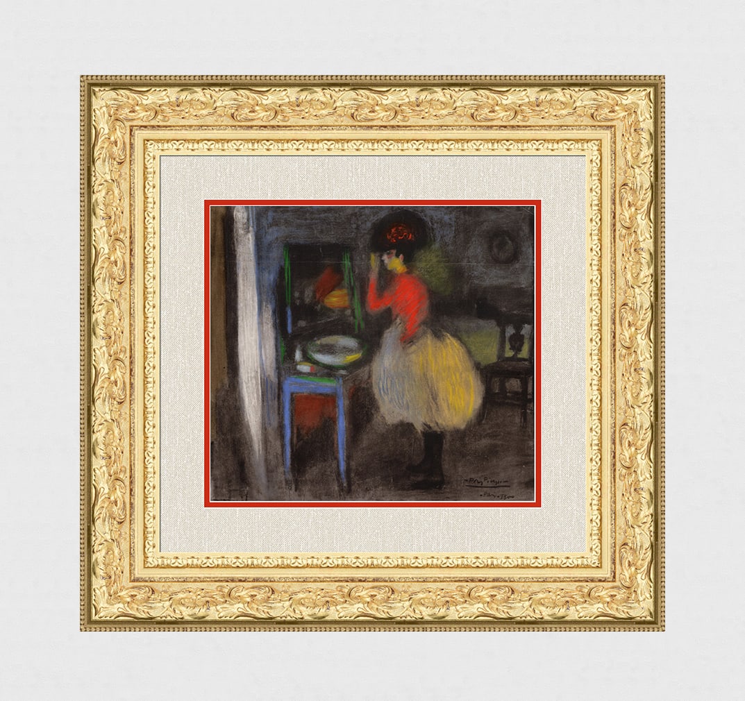 1963 Pablo Picasso Pochoir "Woman in Front of the Mirror" Limited Bleus en Barcelone: Pablo Picasso (1881 - 1973). "Femme Devant le Miroir (Woman in Front of the Miroir)," From the suite "Les Bleus de Barcelone." 1963. Lithograph heightened with pochoir by Jacomet on wove BFK Rives pap