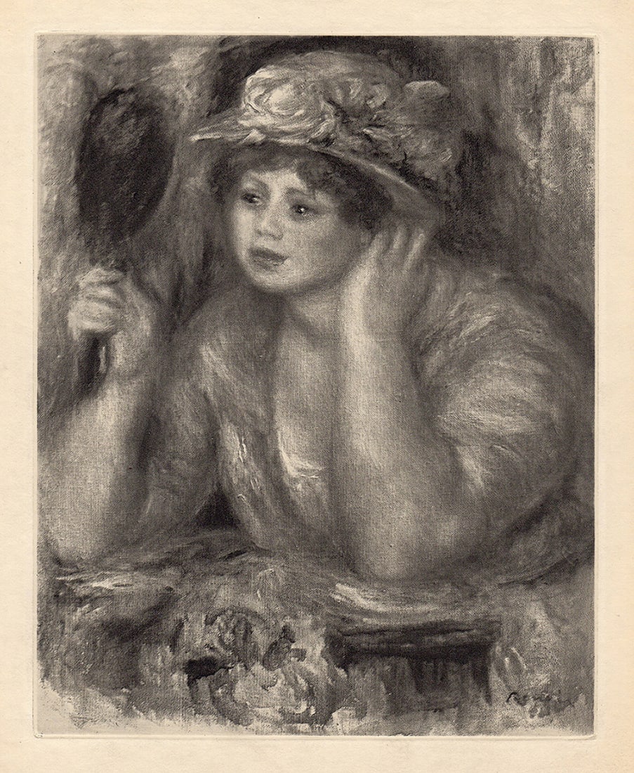 1919 Engraving "Girl with a Hat & Mirror" LIMITED JFramed Signed: Pierre Auguste Renoir (1841 - 1919) . Le Femme au Miroir (Woman with a Mirror). Antique copper plate heliogravure engraving on Japon Imperial Paper hand pulled by Emile Fequet in Paris on December 15,