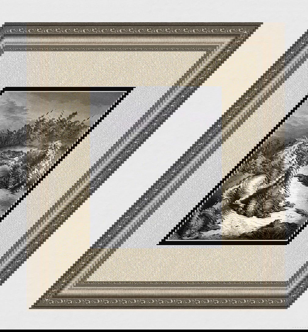 GUSTAVE DORE 180Os Religious Woodcut THE DEATH OF SAUL Framed Signed: Gustave Dore (Paul Gustave Louis Christophe Dore) (French, 1832-1883). The Death of Saul (from Dore's Bible). Antique woodcut wove paper after the original by a master wood engraver Alexandre Hurel (F