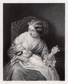 Joshua Hargrave Sams Mann 1800s Engraving Hush! The Child Sleeps Framed Signed