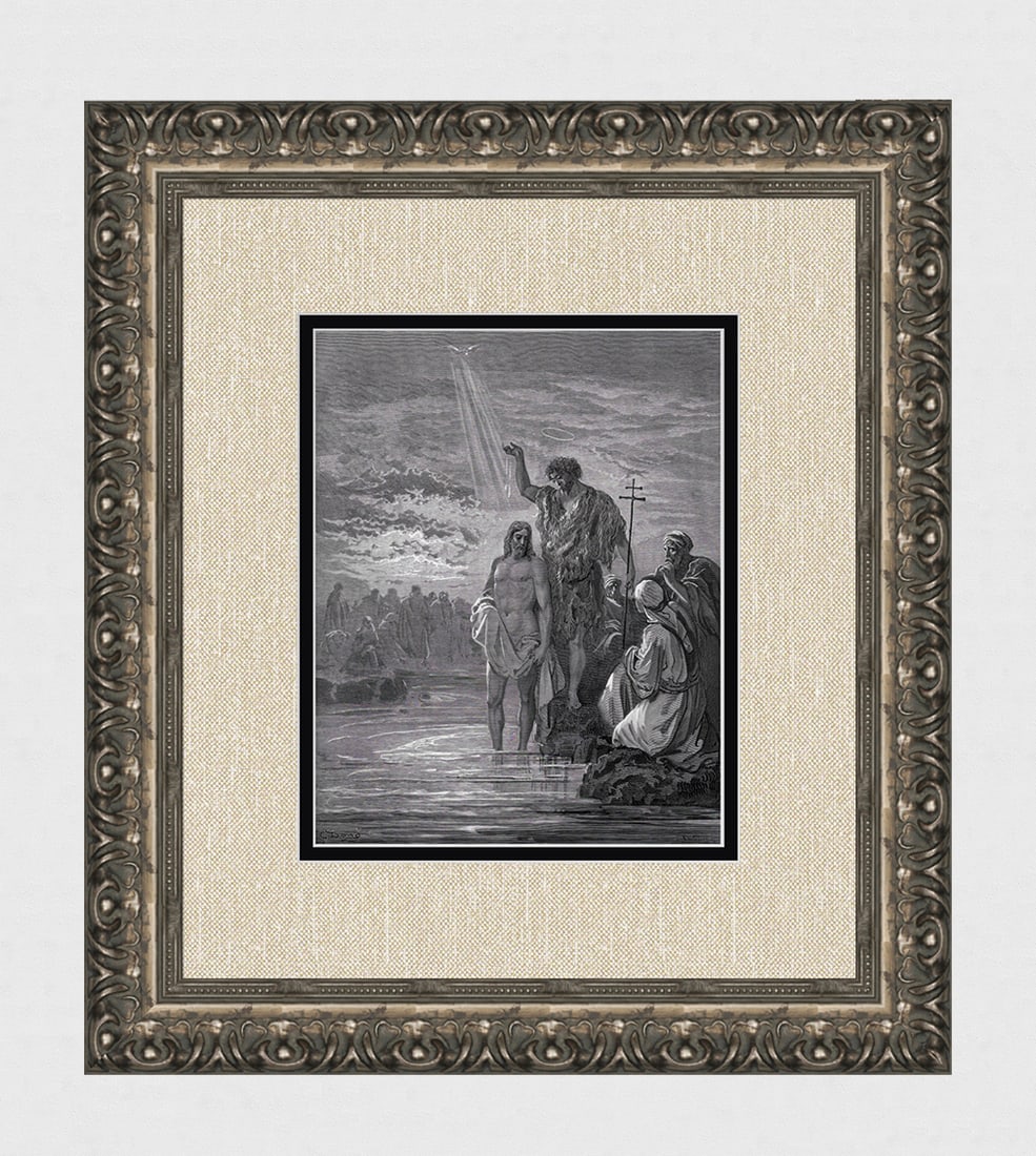 1800s SIGNED GUSTAVE DORE Biblical Woodcut THE BAPTISM OF JESUS Framed: Gustave Dore (Paul Gustave Louis Christophe Dore) (French, 1832-1883). The Baptism of Jesus (from Dore's Bible). Antique woodcut wove paper after the original by a master wood engraver Ad Ligny (Frenc