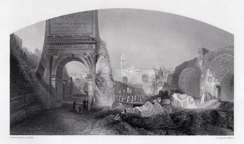 JMW TURNER 1800s Engraving View of Roman Forum Signed FRAMED