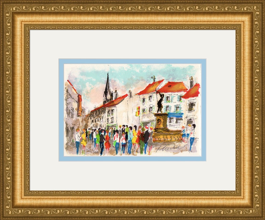 Urbain Huchet Saint Leu la Foret lithograph signed: Urbain Huchet (French, 1930 - 2014). Saint Leu la Foret. Original Color Lithograph on Arches Rag Paper. Hand Signed by the Artist Lower Right, Numbered in Pencil Lower Left. Excellent. Sheet Size 7 1/