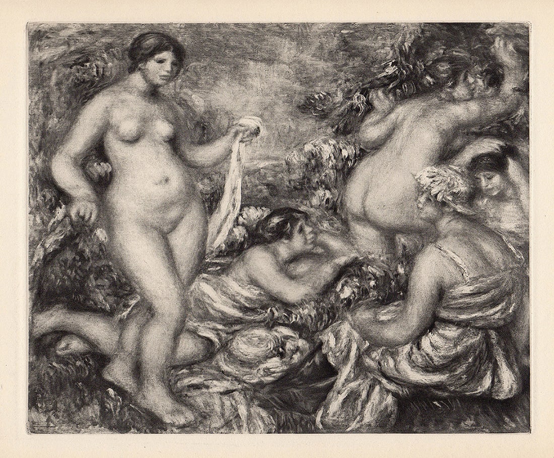 1919 PIERRE AUGUSTE RENOIR Antique Engraving "Les Baigneuses" Framed: Pierre Auguste Renoir (1841 - 1919). Les Baigneuses. Antique copper plate heliogravure engraving on Japon Imperial Paper hand pulled by Emile Fequet in Paris on December 15, 1919. Signed in the plate,