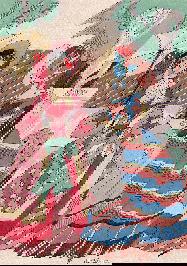 RO KEEZER Vintage SIGNED Color Pochoir The Friendly Chat Framed (1 of 2)