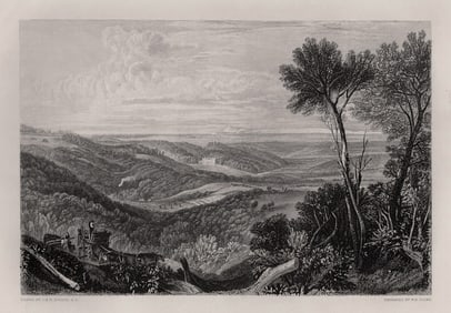 1800s WILLIAM TURNER Engraving Landscape with Figures FRAMED SIGNED