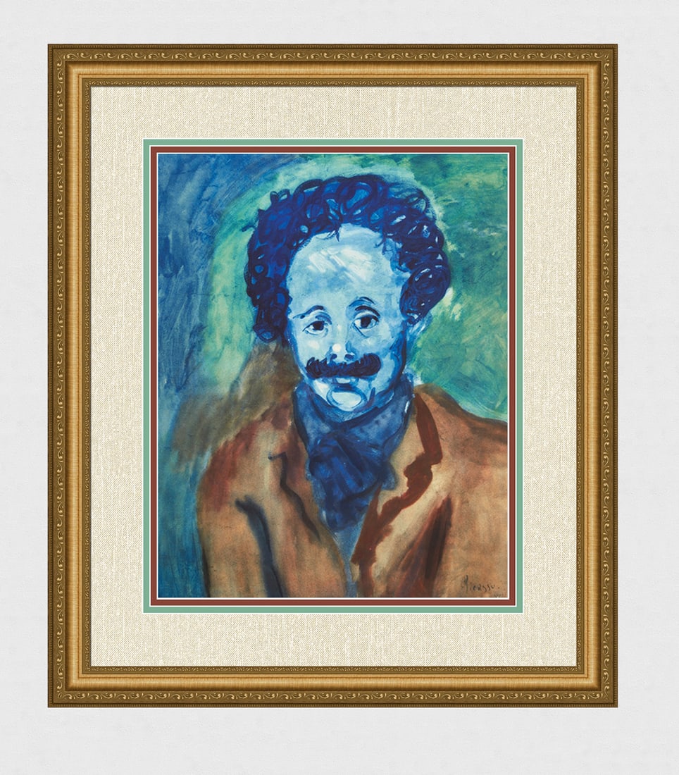 1963 Pablo Picasso Pochoir "The Painter Juner" Limited Bleus en Barcelone: Pablo Picasso, Pablo. "Le Peintre Juner (The Painter Juner)," From the suite "Les Bleus de Barcelone." 1963. Lithograph heightened with pochoir by Jacomet on wove BFK Rives paper after the original. N