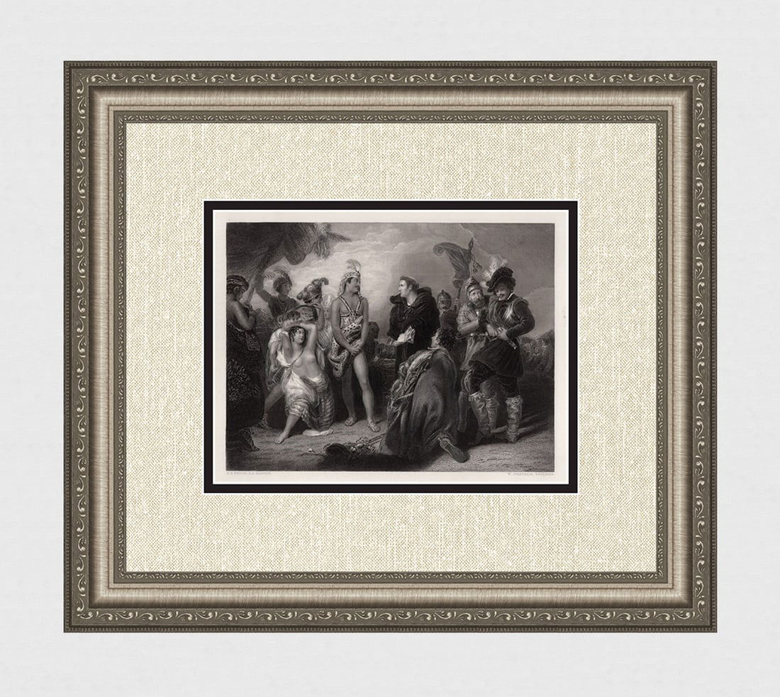1800s Henry P. Briggs Engraving Spaniards & Peruvians Signed Framed: Henry Perronet Briggs RA (English, 1793 - 1844). The First Interview between the Spaniards and Peruvians. Antique engraving on wove paper after the original oil paint on canvas by master engraver Will
