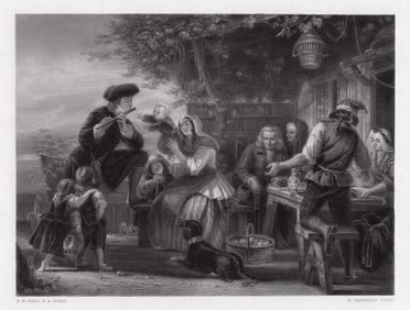 1872 Edward Matthew Ward Goldsmith on his Travels (Goldsmith Playing the Flute) engraving signed