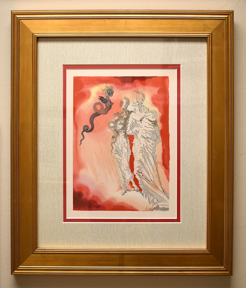 1960 Salvador Dali Black Devil Authentic Woodcut: Salvador Dali. (1904-1989). "The Black Devil" Enferno Canto 21. Authentic Original Color Woodcut from The Divine Comedy Printed in 1960 on B.F.K. Rives Paper ( this is not a reproduction, copy, or rep