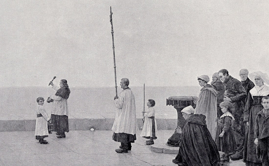 Georges HAQUETTE 1800s Antique Print Benediction of the Sea FRAMED COA: Georges Jean Marie Haquette (French, 1854 - 1906). Benediction of the Sea and for the Shipwrecked. Antique print after the original. Year: c. 1890. Image Size 7 3/8 x 10 3/4 inches. Framed dimensions