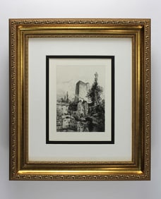 Brunet DEBAINES Original 1800s Etching Oxford Castle Signed Framed