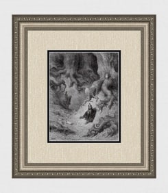 1800s Gustave Dore Woodcut Zerbino with the Old Lady Signed Framed